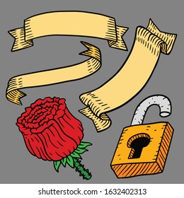 5 design elements in vector format. a red rose, 3 paper scrolls or banners, and a lock.