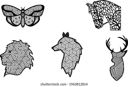 5 Different Animal Silhouettes with geometric patterns file laser cutting file