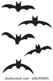 5 different bat silhouettes isolated on a white background