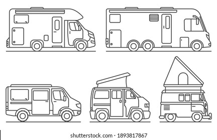 5 different campers as contour drawings