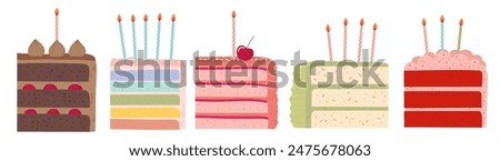 5 different colorful birthday cakes. Cake slices vector illustration