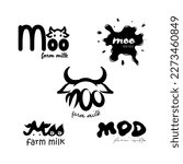 5 different logos for milk products for the brand moo farm milk, black color on white background