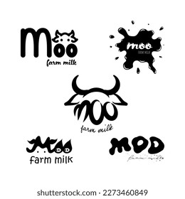 5 different logos for milk products for the brand moo farm milk, black color on white background