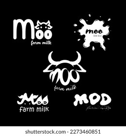 5 logotipos diferentes para productos lácteos para la marca moo leche de granja, color blanco sobre fondo negro