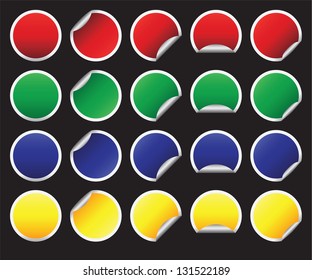 5 different modern design stickers with white border in 4 different colors on a dark background.