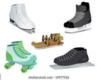 5 different skates, from ice skates to roller skates, from modern skates to old fashioned wooden skates.