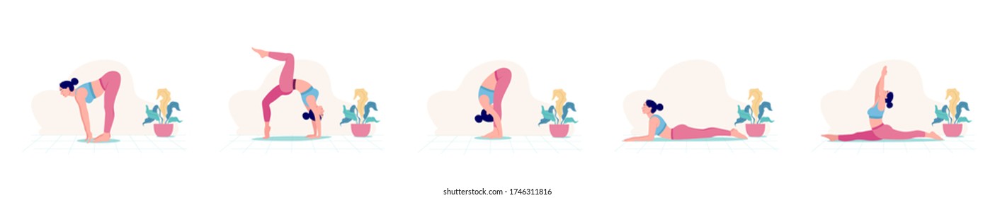 5 different yoga pose flat illustration, Creative poster or banner design with illustration of woman doing yoga for Yoga Day Celebration.