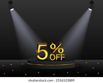 5% discount. Discount. 3D sale symbol with decorative objects, golden confetti, podium. Sale banner and poster. Vector illustration..