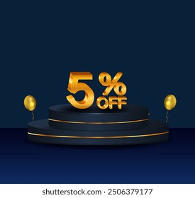 5% discount. Discount on creative composition. 3D sale symbol with decorative objects, golden confetti, podium. 5 percent. Sale banner and poster. Vector illustration..