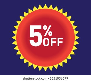 Desconto de 5%. Desconto em suas vendas. Porcentagem em branco dentro de um círculo vermelho com elementos gráficos amarelos ao redor. Fundo azul.
