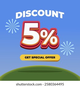 5% Discount Promotional Banner with 3D Text, Fireworks, Blue Gradient Background, and a Special Offer Button on a Green Hill with Eye catching Sale Advertisement Design