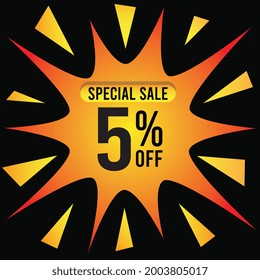 5% de descuento para oferta especial. Cartel con un 5% de descuento en un batiburrillo dorado