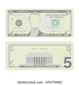 5 Dollars Banknote Vector. Cartoon US Currency. Two Sides Of Five American Money Bill Isolated Illustration. Cash Symbol 5 Dollars