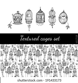 5 doodle cages and seamless pattern set.