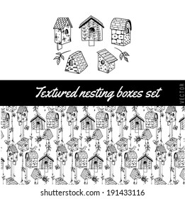 5 doodle nesting boxes and seamless pattern set.