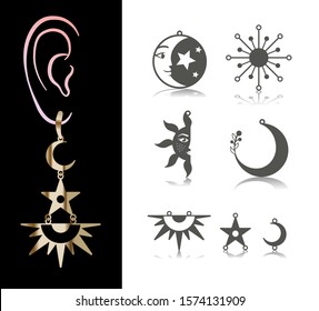 5 Earring Designs. Cutout silhouettes with half moon, star, sun, space, sunshine. Astronomy design is suitable for creating dainty & charm jewellery (earrings, necklace, pendant) and Christmas decor. 