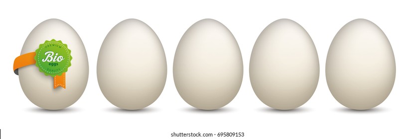 5 Eggs with green Bio Label on the white background. Eps 10 vector file.