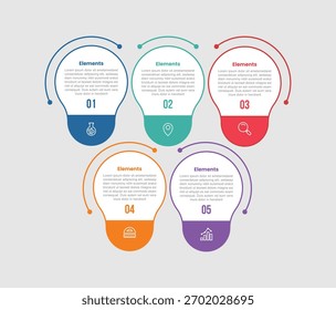 Diagrama comparativo de infografía de 5 Elementos con lámpara de bombilla para ideas con 5 pasos para el Vector de presentación de diapositivas