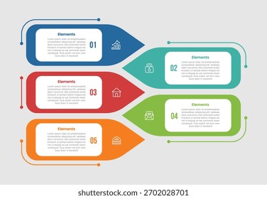 Diagrama comparativo de infografía de 5 Elementos con rectángulo redondo con forma de flecha Lista apilada Dirección opuesta con 5 pasos para Vector de presentación de diapositivas