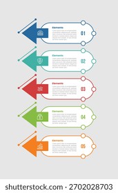 Diagrama comparativo de infografía de 5 Elementos con contenedor de rectángulo redondo con puntero de flecha y conector de línea de puntos con 5 pasos para Vector de presentación de diapositivas