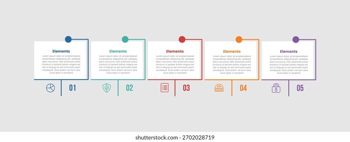 Diagrama de comparação infográfico de 5 elementos com caixa quadrada com conexão de linha de ponto na direção horizontal com 5 passos para o vetor de apresentação de slides
