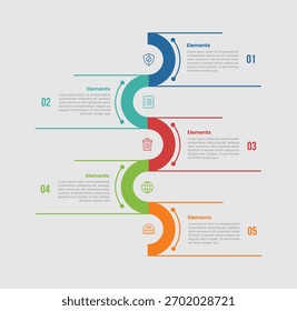 5 Elemente infographisches Vergleichsdiagramm mit Halbkreis Zick Zack Bewegung vertikal entgegengesetzt Richtung mit 5 Schritt Präsentation Vektor