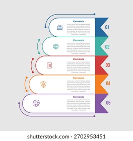 Diagrama comparativo de infografía de 5 Elementos con rectángulo redondo con borde de cinta en Vertical apilada con 5 pasos para el Vector de presentación de diapositivas