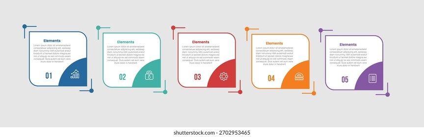 5 elements infographic comparison diagram with round and sharp square box edge on horizontal direction and with 5 step for slide presentation vector