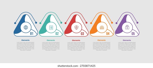 Diagrama comparativo de infografía de 5 Elementos con triángulo redondo con onda circular circular circular con 5 pasos para Vector de presentación de diapositivas