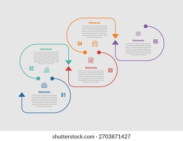 Diagrama comparativo de infografía de 5 Elementos con conexión de línea de contenedor abierta con borde de línea de puntos con 5 pasos para Vector de presentación de diapositivas