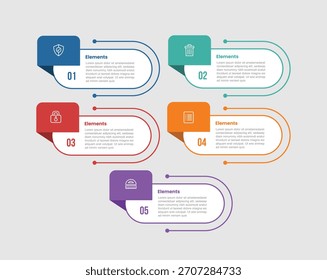 Diagrama comparativo de infografía de 5 Elementos con rectángulo redondo con cinta de insignia en el lado superior con 5 pasos para el Vector de presentación de diapositivas