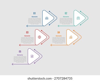 Diagrama comparativo de infografía de 5 Elementos con triángulo de flecha redonda Lista apilada con estructura de desequilibrio con 5 pasos para Vector de presentación de diapositivas