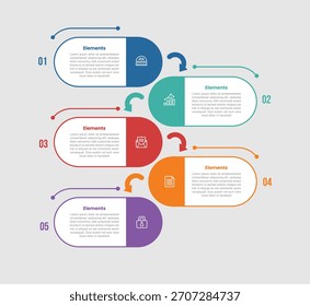 Diagrama comparativo de infografía de 5 Elementos con contenedor de caja de rectángulo redondo con dirección apilada de Vertical de flecha con 5 pasos para Vector de presentación de diapositivas