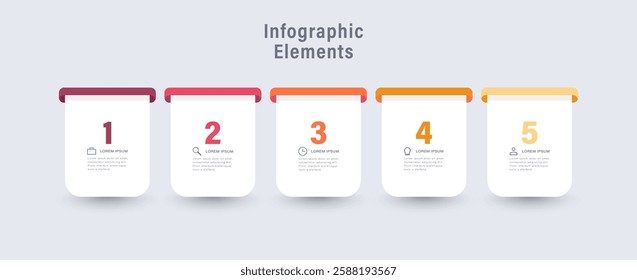 5 elements infographics, symbolizing the 5 stages of business strategy and progression. Clean timeline infographic design template.