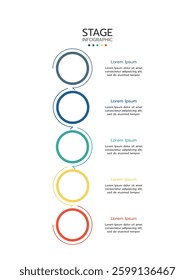 5 Elements placed in vertical row. Concept of 5 successive steps of project development process. Flat infographic design template. Simple vector illustration for business analytics.