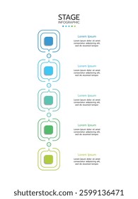 5 Elements placed in vertical row. Concept of 5 successive steps of project development process. Flat infographic design template. Simple vector illustration for business analytics.