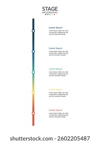 5 Elements placed in vertical row. Concept of 5 successive steps of project development process. Flat infographic design template. Simple vector illustration for business analytics.