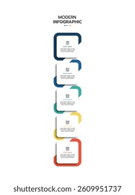 5 Elements placed in vertical row. Concept of 5 successive steps of project development process. Flat infographic design template. Simple vector illustration for business analytics.