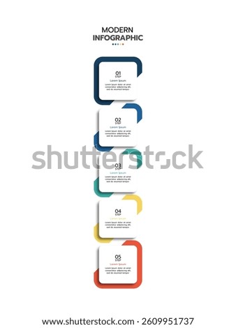 5 Elements placed in vertical row. Concept of 5 successive steps of project development process. Flat infographic design template. Simple vector illustration for business analytics.