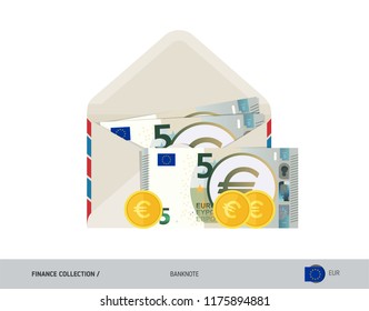 5 Euro Banknote. Flat style opened envelope with cash. Euro banknotes and coins. Salary payout or corruption concept.