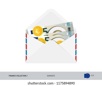 5 Euro Banknote. Flat style opened envelope with cash. Euro banknotes and coins. Salary payout or corruption concept.