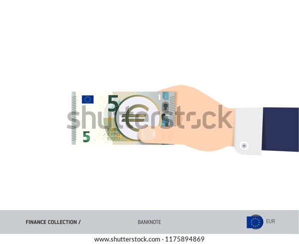 5 Euro Banknote.\
Hand gives money. Flat style vector illustration. Salary payout or\
corruption concept.
