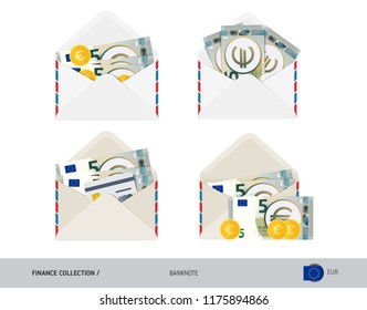 5 Euro Banknote. Set of flat style opened envelopes with cash. Isolated white paper envelope with moneys. Finance concept.