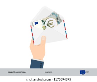 5 Euro Banknotes in envelope hold in hand. Flat style opened white envelope with cash. Salary payout or corruption concept.