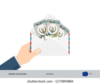 5 Euro Banknotes in envelope hold in hand. Flat style opened white envelope with cash. Salary payout or corruption concept.