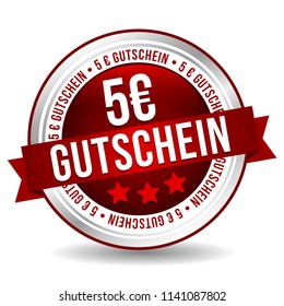 5 Euro Coupon Button - Online Badge Marketing Banner with Ribbon. German-Translation: 5 Euro Gutschein