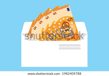 5 Euro Money in Envelope Vector Illustration. EU European Union, Eurozone and Monetary Agreement Salary, Royalty, Revenue, Payment and Finance Element. 