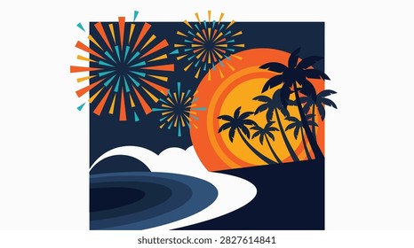 5. Exotic Tropical Beach at Sunset with Fireworks Sky and Ocean Horizon Illustration