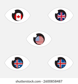 5 eyes alliance. Five eyes show the flags of Canada, Great Britain, USA, Australia and New Zealand. Vector