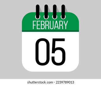 5 February calendar icon. Green calendar vector for February weekdays. Calendar page design on isolated background